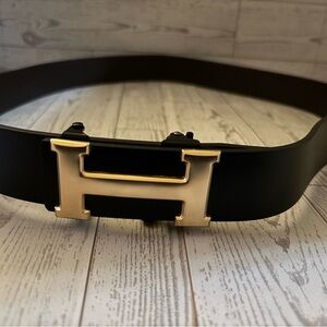 Luxury Black Leather Belt with Gold Buckle